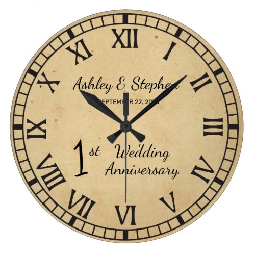 Rustic Paper Look 1st Wedding Anniversary Large Clock