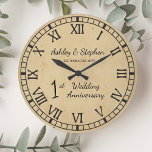Rustic Paper Look 1st Wedding Anniversary Large Clock<br><div class="desc">The classic gift for the first anniversary is paper. With that in mind we have created this rustic faux stained modern first anniversary design with Roman numerals, your names and wedding date. Composite design by Holiday Hearts Designs (rights reserved). If you have any questions or need assistance with the design...</div>