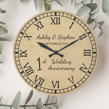 Rustic Paper Look 1st Wedding Anniversary Large Clock by holidayhearts at Zazzle
