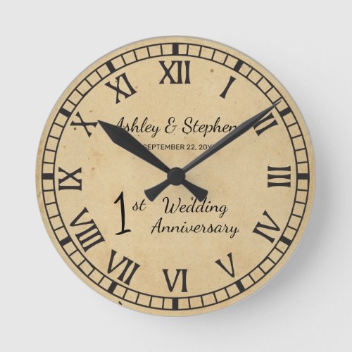 Rustic Paper Look 1st Wedding Anniversary Round Clock