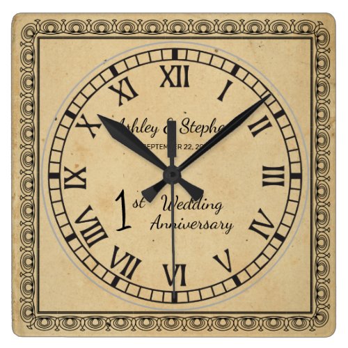 Rustic Paper Look 1st Wedding Anniversary Square Wall Clock