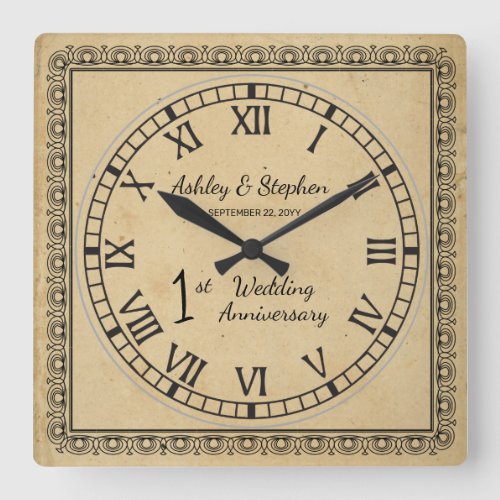 Rustic Paper Look 1st Wedding Anniversary Square Wall Clock