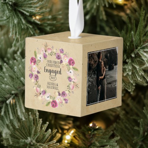 Rustic Paper Our First Christmas Engaged 3 Photo Cube Ornament