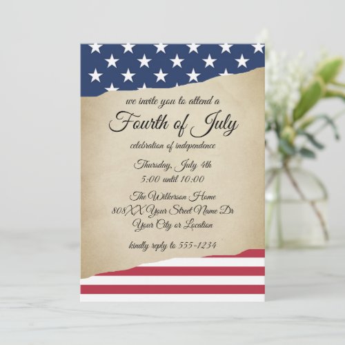 Rustic Parchment and American Flag Fourth of July  Invitation