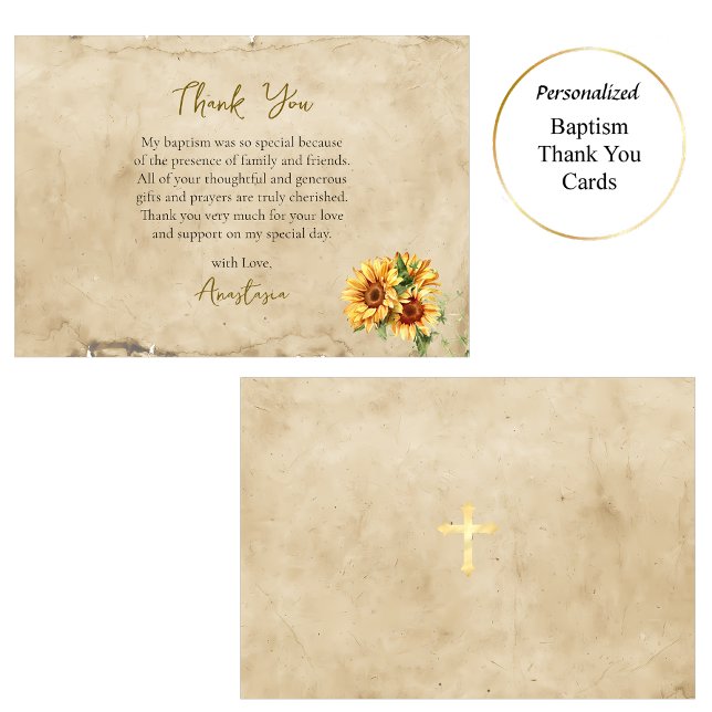 Rustic Parchment Sunflowers Orthodox Baptism       Thank You Card (Creator Uploaded)