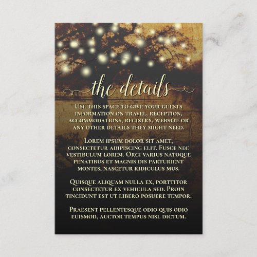 Rustic Parchment Tree  Lights Wedding Details Enclosure Card