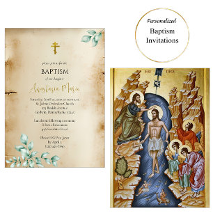 Rustic Parchment with Eucalyptus Orthodox Baptism Invitation
