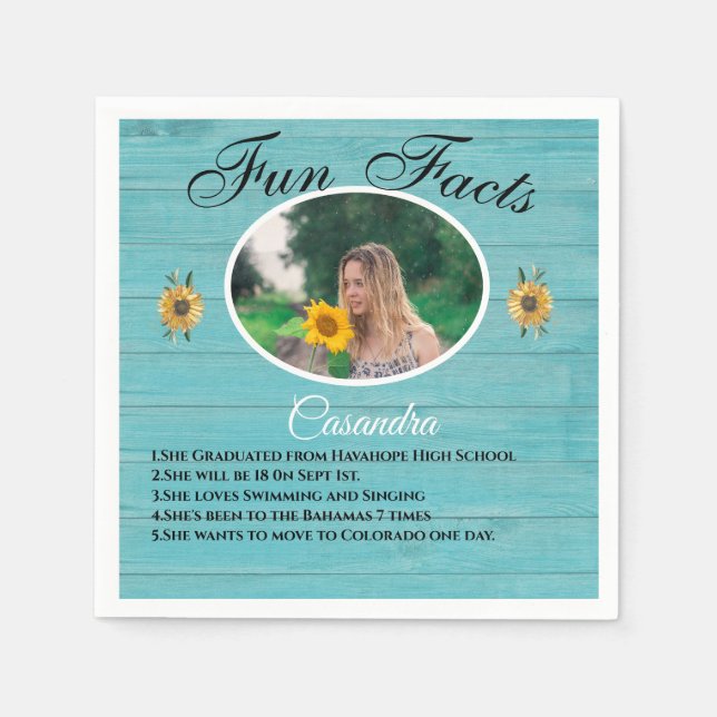Rustic Party Fun Fact Sunflower Teal Wood  Napkins (Front)