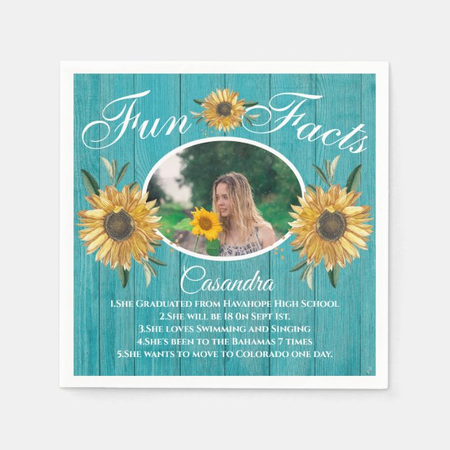 Rustic Party Fun Fact Sunflower Teal Wood  Napkins (Front)
