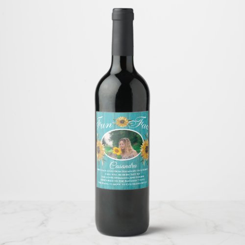 Rustic Party Fun Fact Sunflower Teal Wood Wine Label