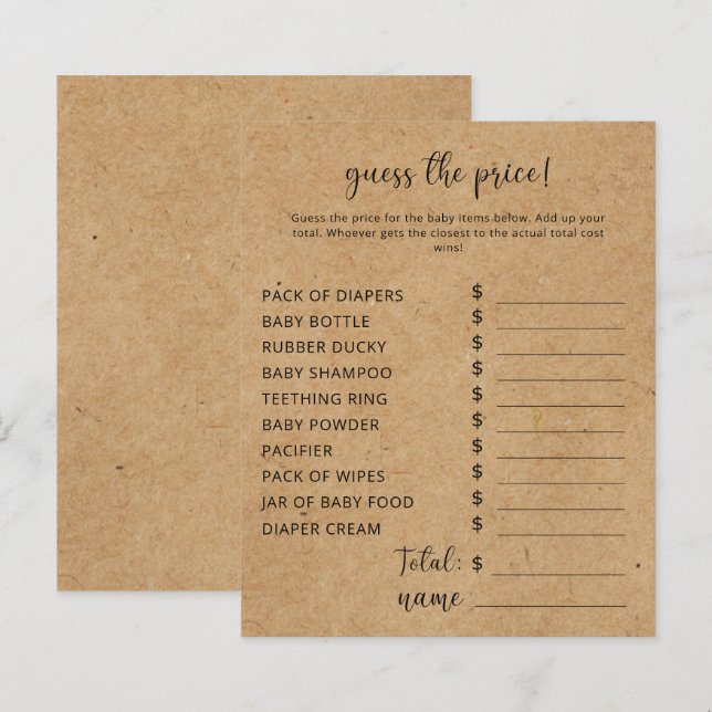 Rustic Party games | Price Guess Game (Front/Back)