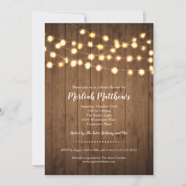 Rustic Party Lights Faux Wood Bridal Shower Invitation (Front)
