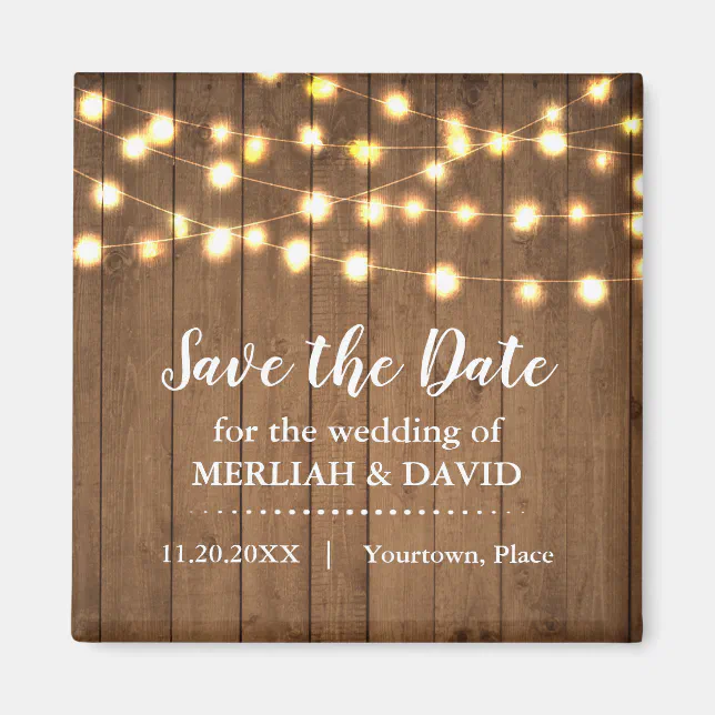 Rustic Party Lights Faux Wood Save the Date Magnet | Zazzle