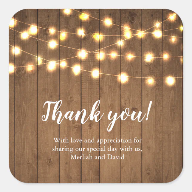 Rustic Party Lights Faux Wood Thank You Square Sticker | Zazzle