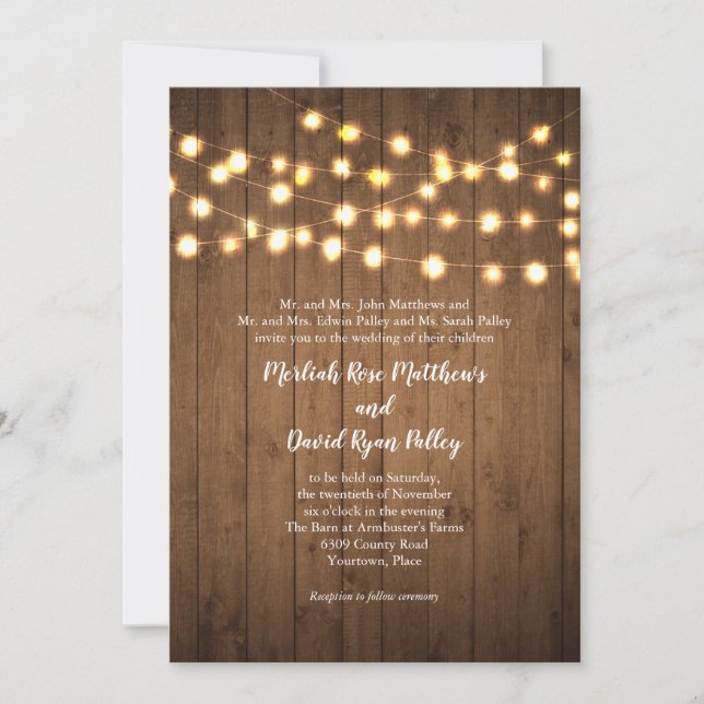 Rustic Party Lights Faux Wood Wedding Invitation (Front)