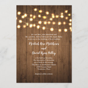 Rustic Party Lights Faux Wood Wedding Invitation