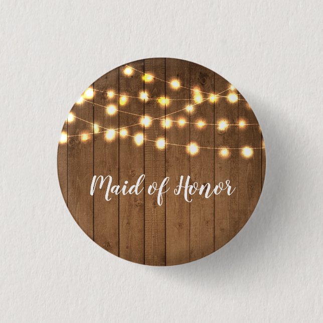 Rustic Party Lights Faux Wood Wedding Party Button (Front)