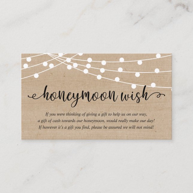 Rustic Party String Lights, Wedding Honeymoon Wish Enclosure Card (Front)