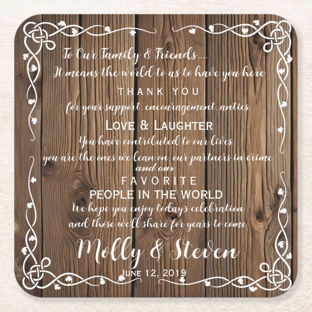 Rustic  party/wedding Thank you Square Paper Coaster (Front)