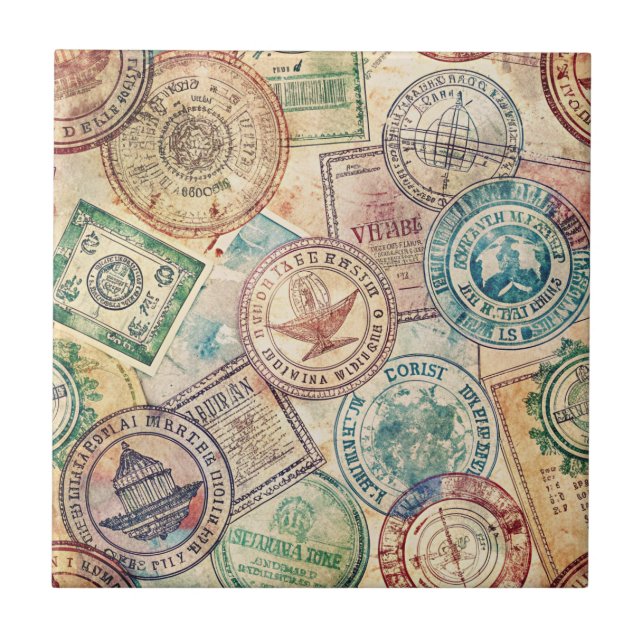 Rustic Passport Stamp Travel Pattern (1) Ceramic Tile (Front)