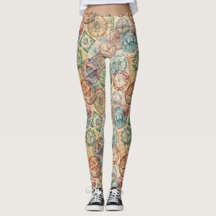 Rustic Passport Stamp Travel Pattern (1) Leggings