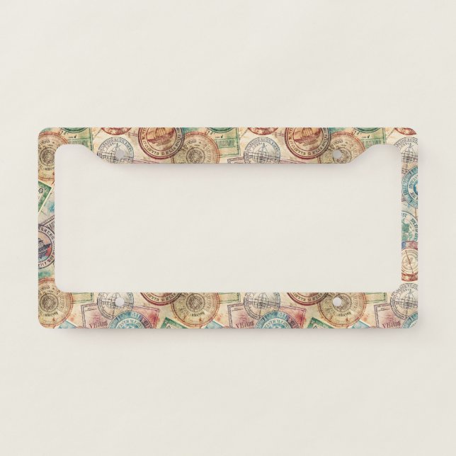 Rustic Passport Stamp Travel Pattern (1) License Plate Frame (Front)