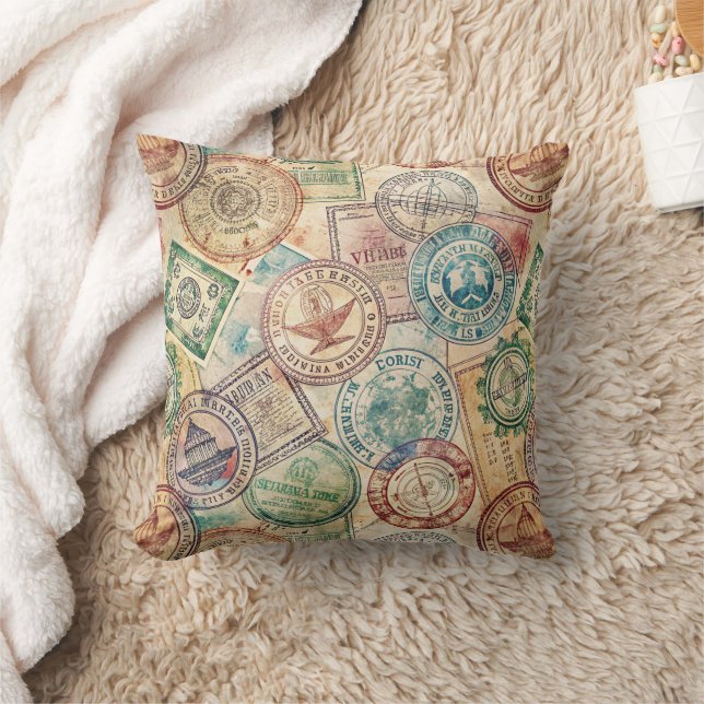 Rustic Passport Stamp Travel Pattern (1) Throw Pillow (Blanket)