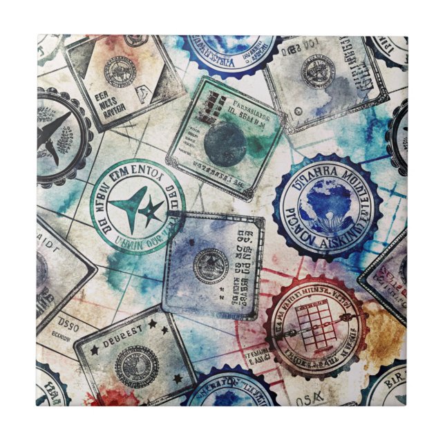Rustic Passport Stamp Travel Pattern (2) Ceramic Tile (Front)
