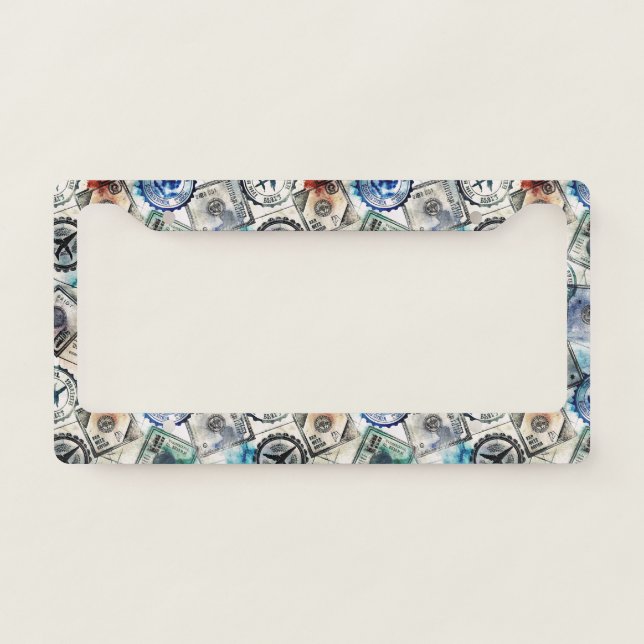 Rustic Passport Stamp Travel Pattern (2) License Plate Frame (Front)