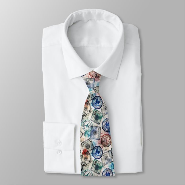 Rustic Passport Stamp Travel Pattern (2) Neck Tie (Tied)