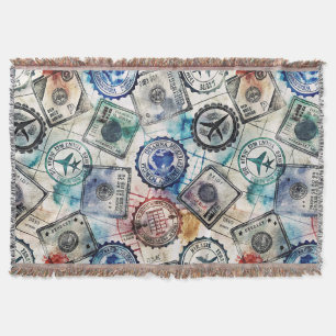 Rustic Passport Stamp Travel Pattern (2) Throw Blanket
