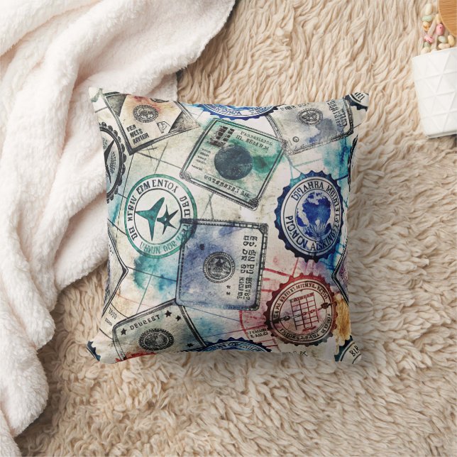 Rustic Passport Stamp Travel Pattern (2) Throw Pillow (Blanket)