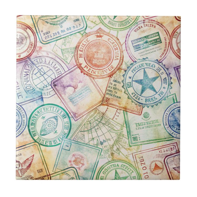 Rustic Passport Stamp Travel Pattern (3) Ceramic Tile (Front)
