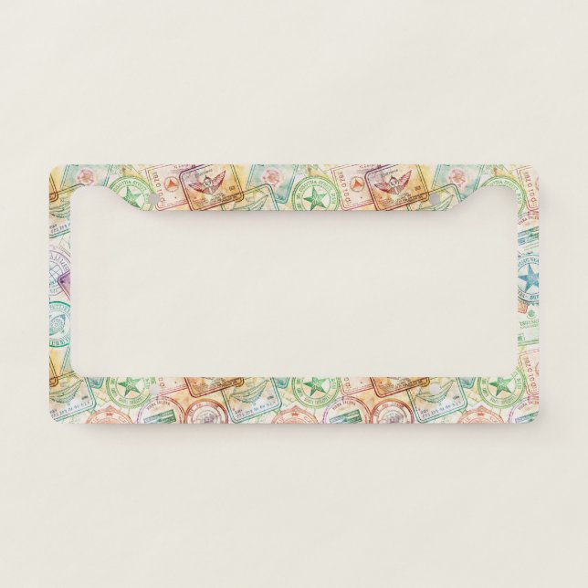 Rustic Passport Stamp Travel Pattern (3) License Plate Frame (Front)