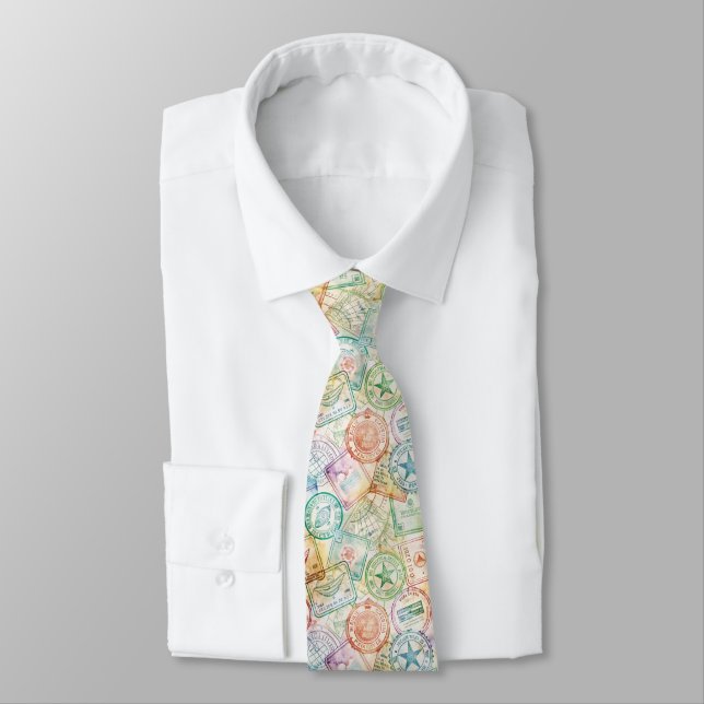 Rustic Passport Stamp Travel Pattern (3) Neck Tie (Tied)