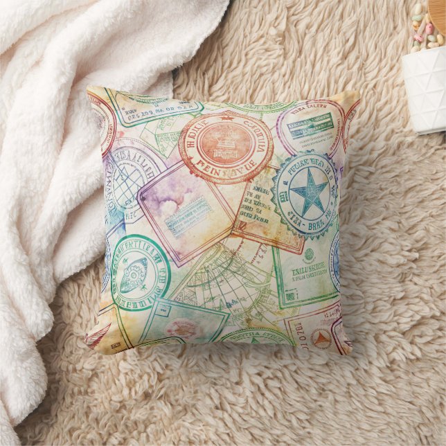 Rustic Passport Stamp Travel Pattern (3) Throw Pillow (Blanket)