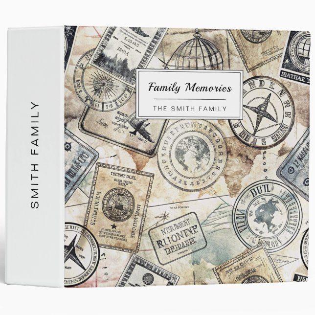 Rustic Passport Stamp Travel Pattern (4) 3 Ring Binder (Front/Spine)