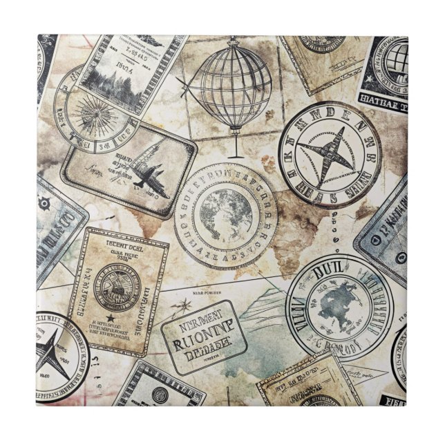 Rustic Passport Stamp Travel Pattern (4) Ceramic Tile (Front)
