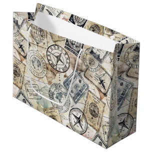 Rustic Passport Stamp Travel Pattern (4) Large Gift Bag