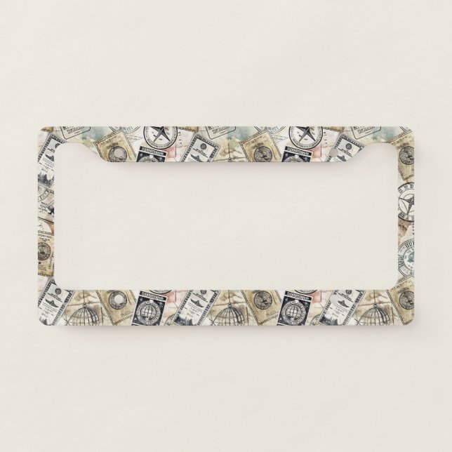 Rustic Passport Stamp Travel Pattern (4) License Plate Frame (Front)