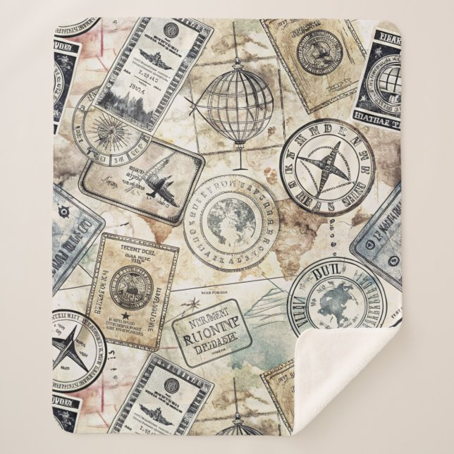 Rustic Passport Stamp Travel Pattern (4) Sherpa Blanket (Front)