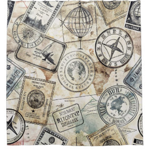 Rustic Passport Stamp Travel Pattern (4) Shower Curtain