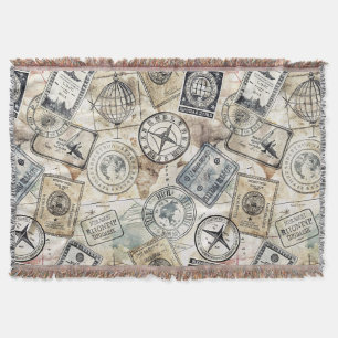Rustic Passport Stamp Travel Pattern (4) Throw Blanket