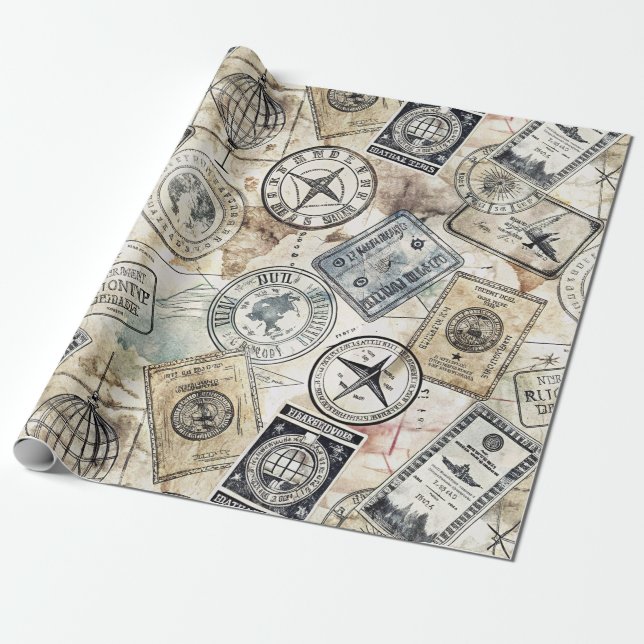 Rustic Passport Stamp Travel Pattern (4) Wrapping Paper (Unrolled)
