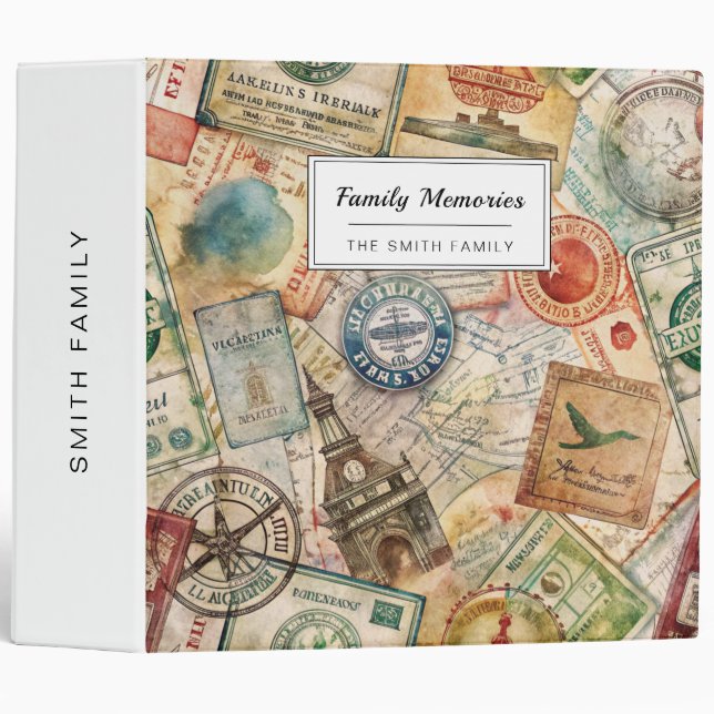 Rustic Passport Stamp Travel Pattern (5) 3 Ring Binder (Front/Spine)