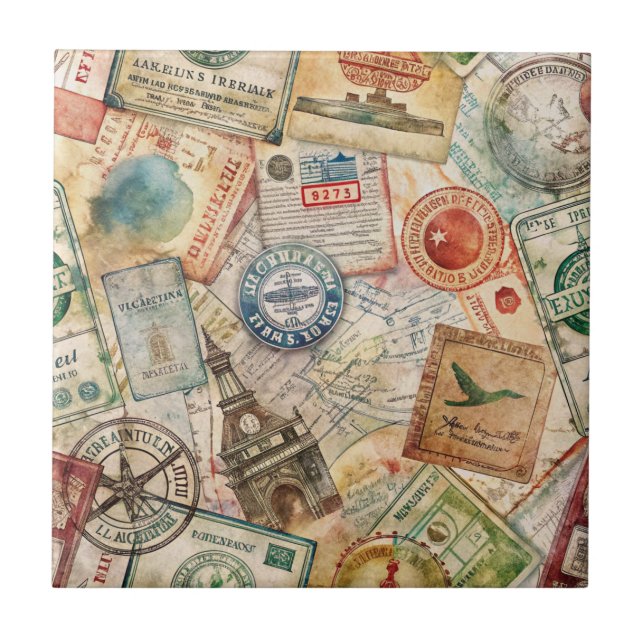 Rustic Passport Stamp Travel Pattern (5) Ceramic Tile (Front)