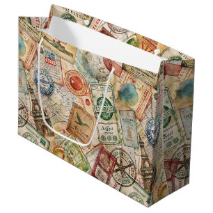 Rustic Passport Stamp Travel Pattern (5) Large Gift Bag