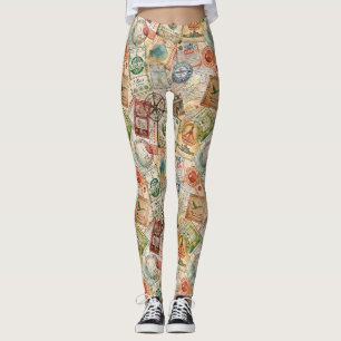 Rustic Passport Stamp Travel Pattern (5) Leggings