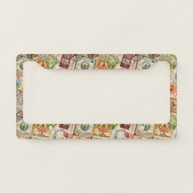 Rustic Passport Stamp Travel Pattern (5) License Plate Frame (Front)