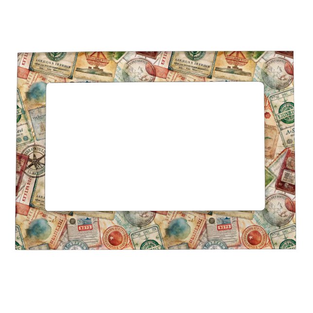 Rustic Passport Stamp Travel Pattern (5) Magnetic Frame (Front)
